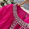 Autumn New Elegant Solid Color Dress Round Neck Diamond Loose Fluffy Splicing Pleated Dress