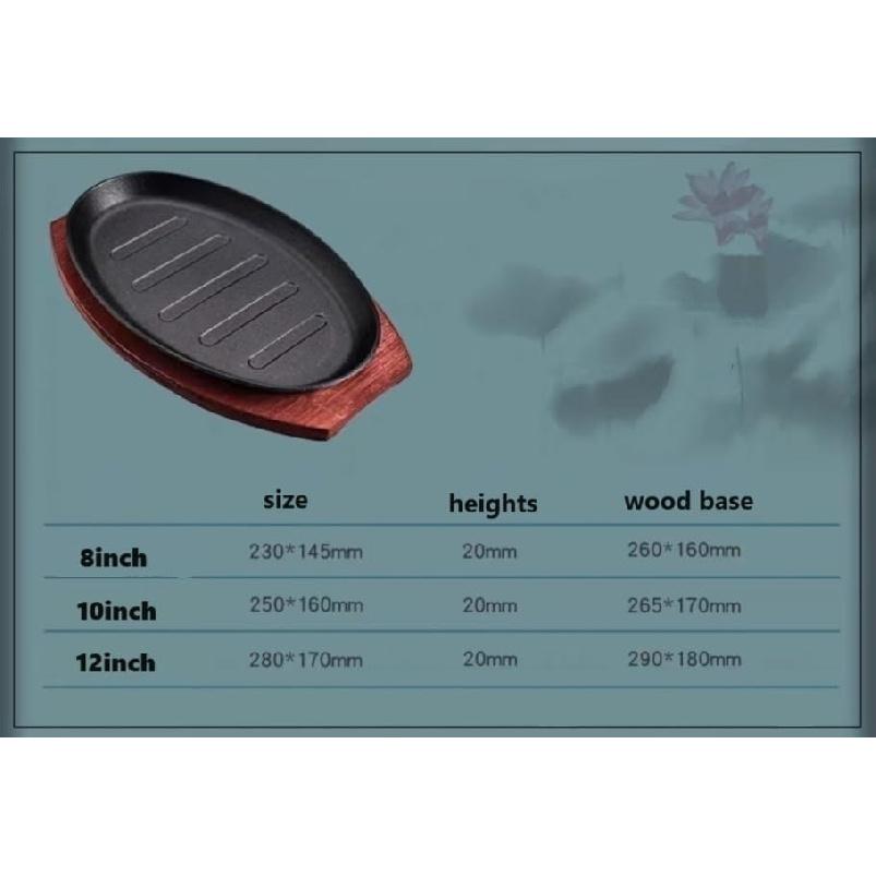 Oval Cast Iron Pan, Flat Frying Pan with Wooden Floor Pan, Grill Pan, Serving Tray, Multifunctional Oven Tray for Grilling Meat, Pancakes and Ribs