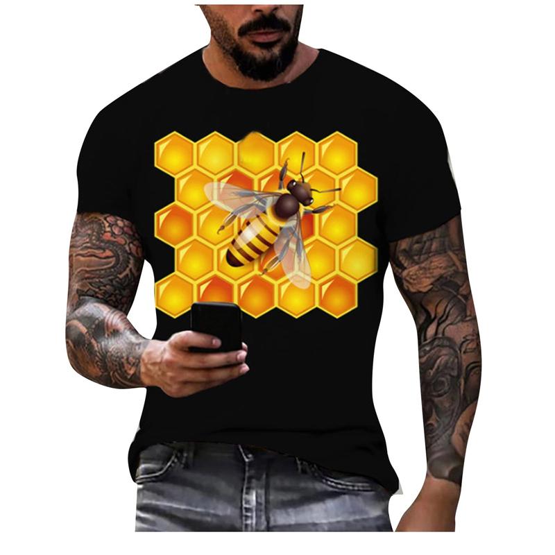 Summer Round Neck Honey Bee 3D Print Top Fashionable Casual Short Sleeved Men's T-shirts
