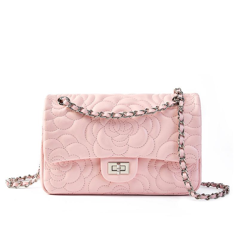New leather small square bag camellia pattern first layer sheepskin texture chain crossbody women's bag