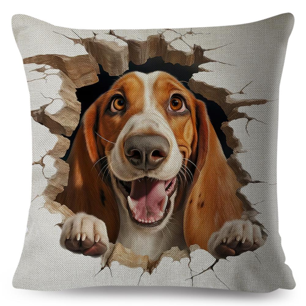 3D Crack Wall Lifelike Puppy Print Throw Pillow Cover Gentle Skin Touch Sofa Bedroom Household Decor Present