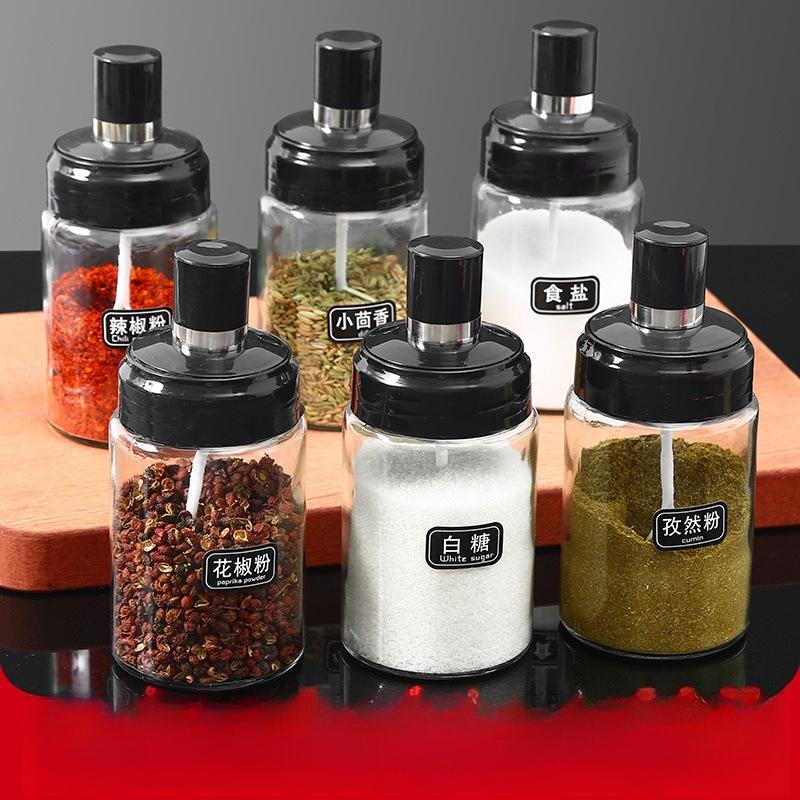 Seasoning Jar, Household Kitchenware, Spoon Lid Integrated Glass Seasoning Box, Salt Jar Combination Set