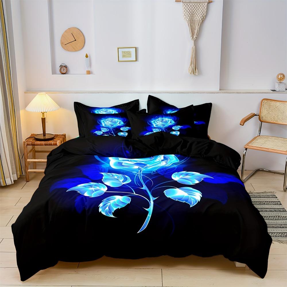 

3pcs Black Bedding Set Blue Rose Printed Cozy Duvet Cover Set King Queen Twin Single Size Birthday Gift Adult Bedroom Decoration EU Single 135x200cm