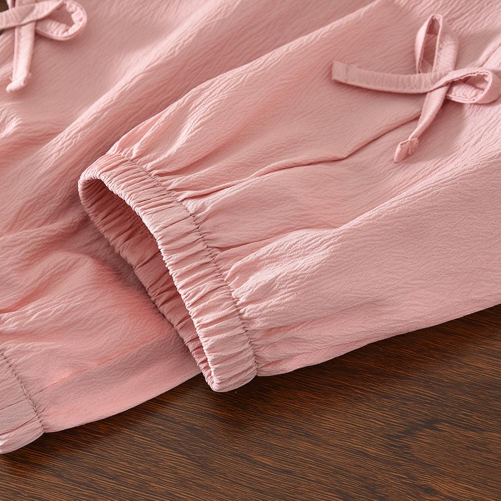 Pink Sweet and Cute Korean Version Fashion 3-7 Year Old Girl Casual Suit Bubble Sleeve Bow Top+Pants Two Piece Set Summer