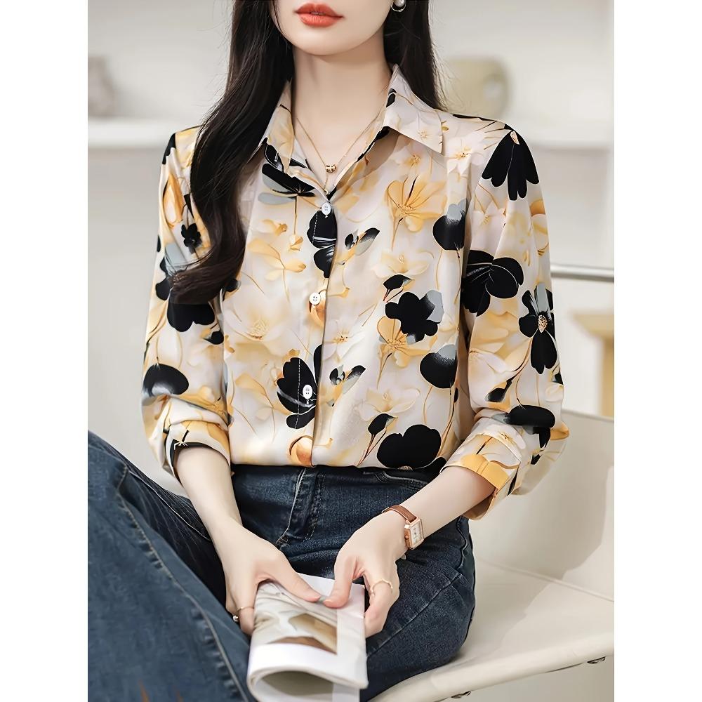 Floral print elegant special project lapel long sleeve shirt women's top spring and autumn new shirt fashion women's clothing