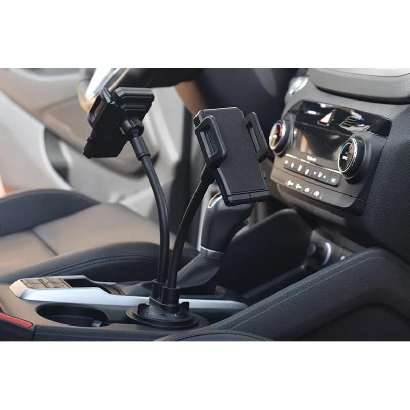 Dual Clamp Car Cup Phone Mount, Flexible Gooseneck 360°Rotatable Bracket Holds Two Smartphones, Universal Auto Cup Slot Stand