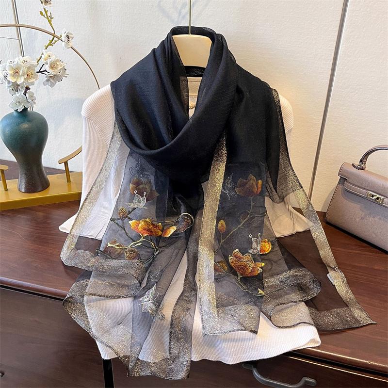 New Luxury Embroidered Silk Feeling Scarf For Women'S Silk Gold Border Scarf Elegant Decoration Embroidered Shawl For Lady