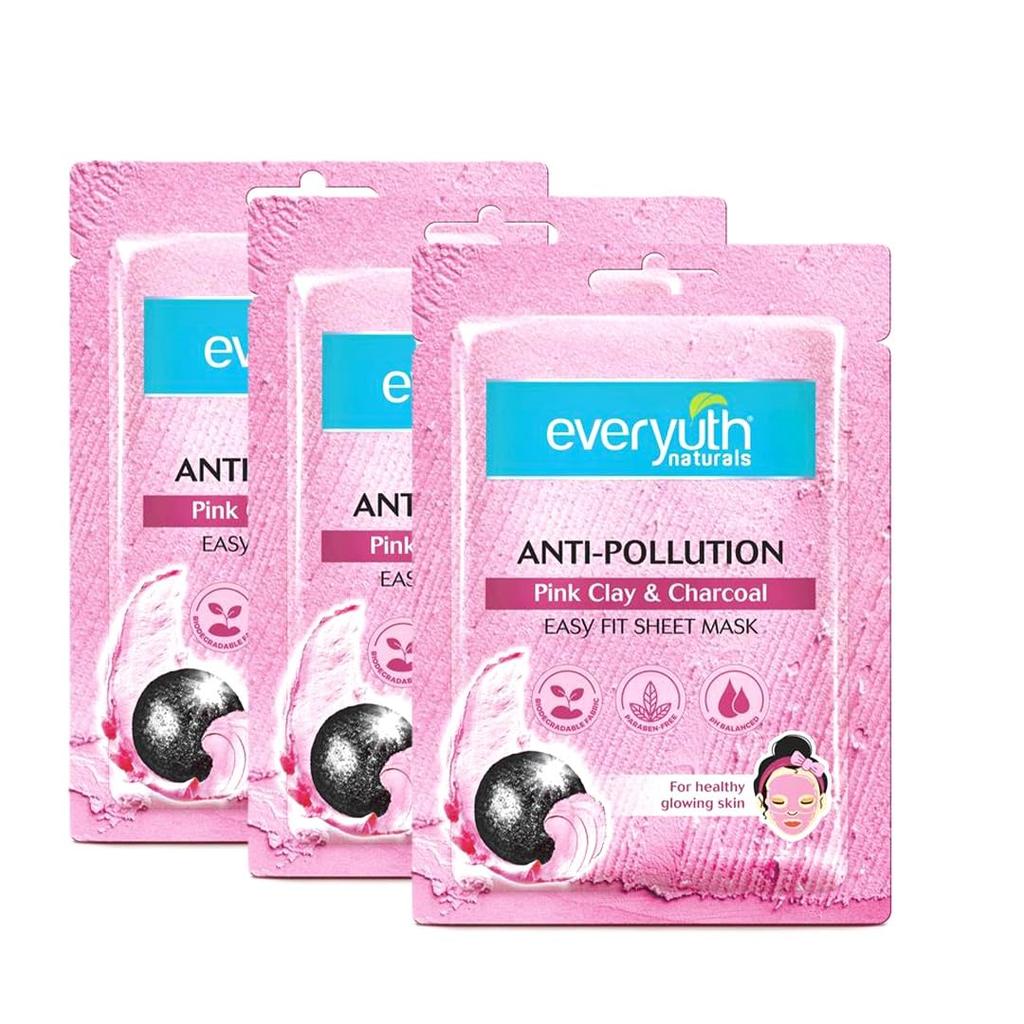 Everyuth Naturals Anti Pollution Pink Clay Charcoal Sheet Mask Pack Of 3 25ml Refreshing Detox Glow Biodegradable Face Mask For Radiant Skin