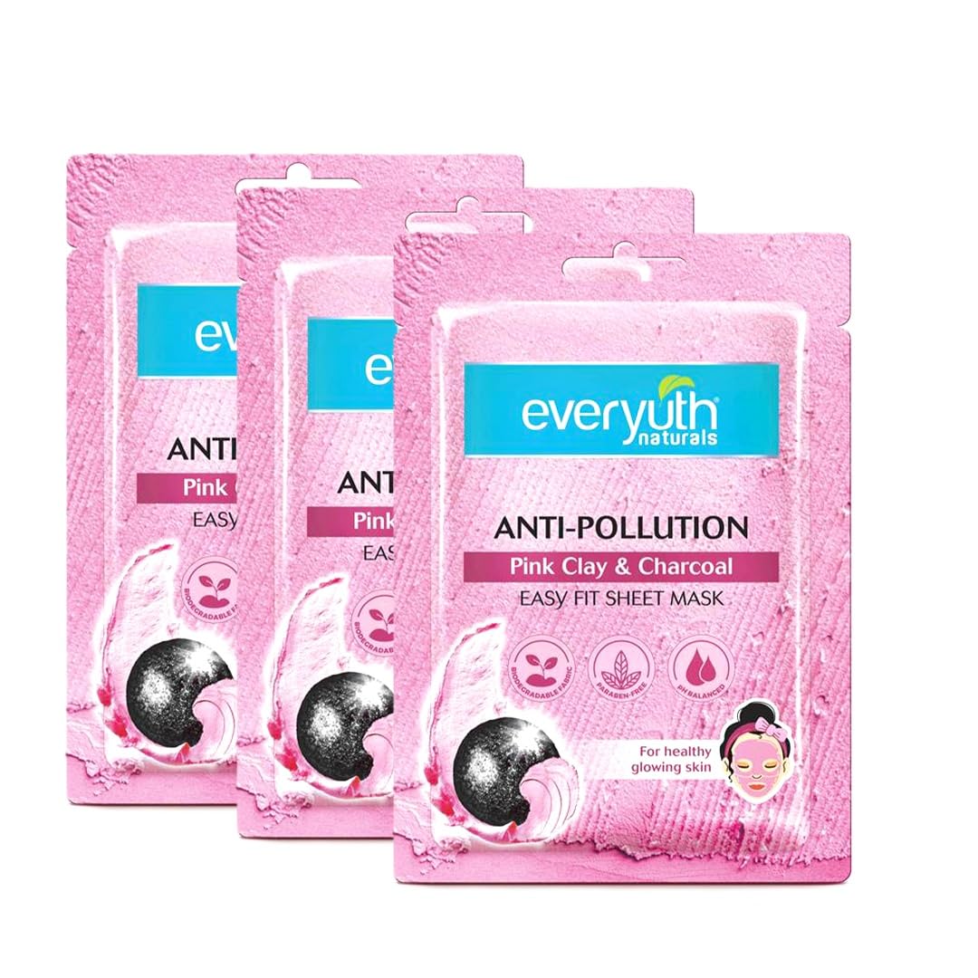 

Everyuth Naturals Anti Pollution Pink Clay Charcoal Sheet Mask Pack Of 3 25ml Refreshing Detox Glow Biodegradable Face Mask For Radiant Skin