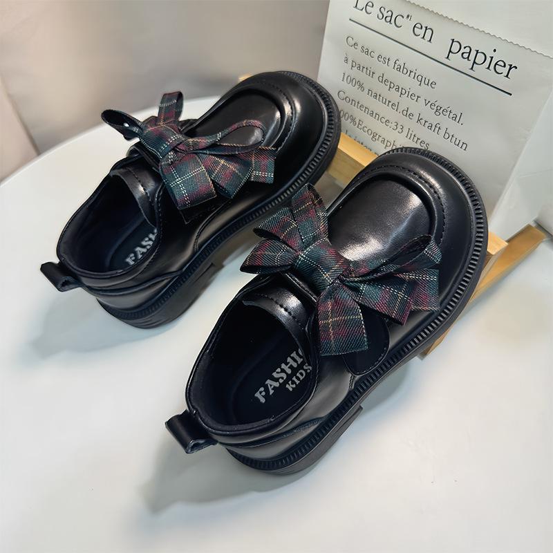 Chic Plaid Bow Korean Loafers for Girls: Stylish Princess Leather Shoes