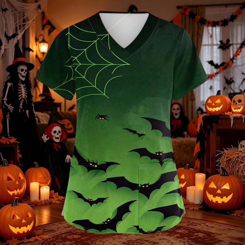 Women's Halloween Print Scrub Top with V-Neck and Pockets, Comfort Fit