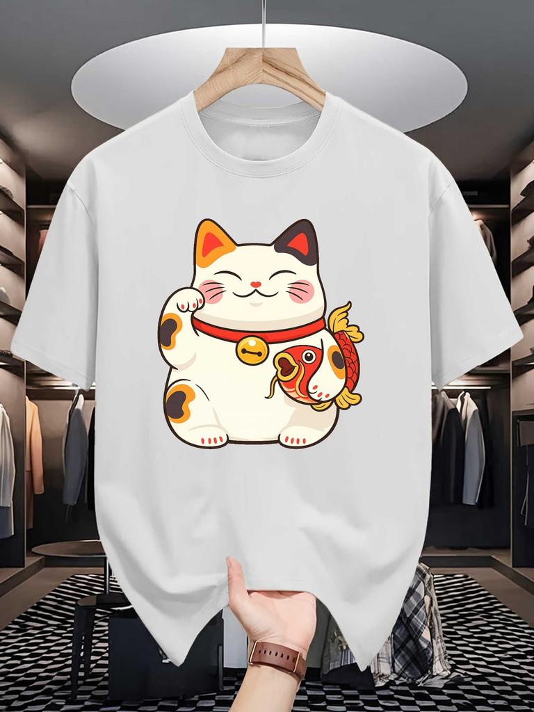 Unisex Summer Crew Neck Short Sleeve Tee Japanese Unisexeki Neko Lucky Cat Koi Fish Print Casual Loose Fashion Streetwear Daily Top