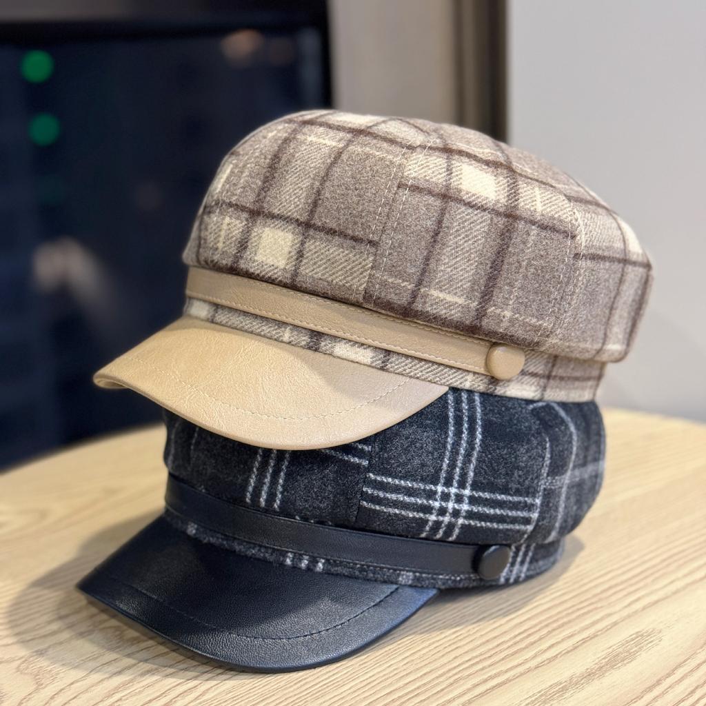 Red Plaid Woolen Octagonal Hat for Women in Autumn and Winter Korean Style Retro Beret New Retro Newsboy Hat Trend