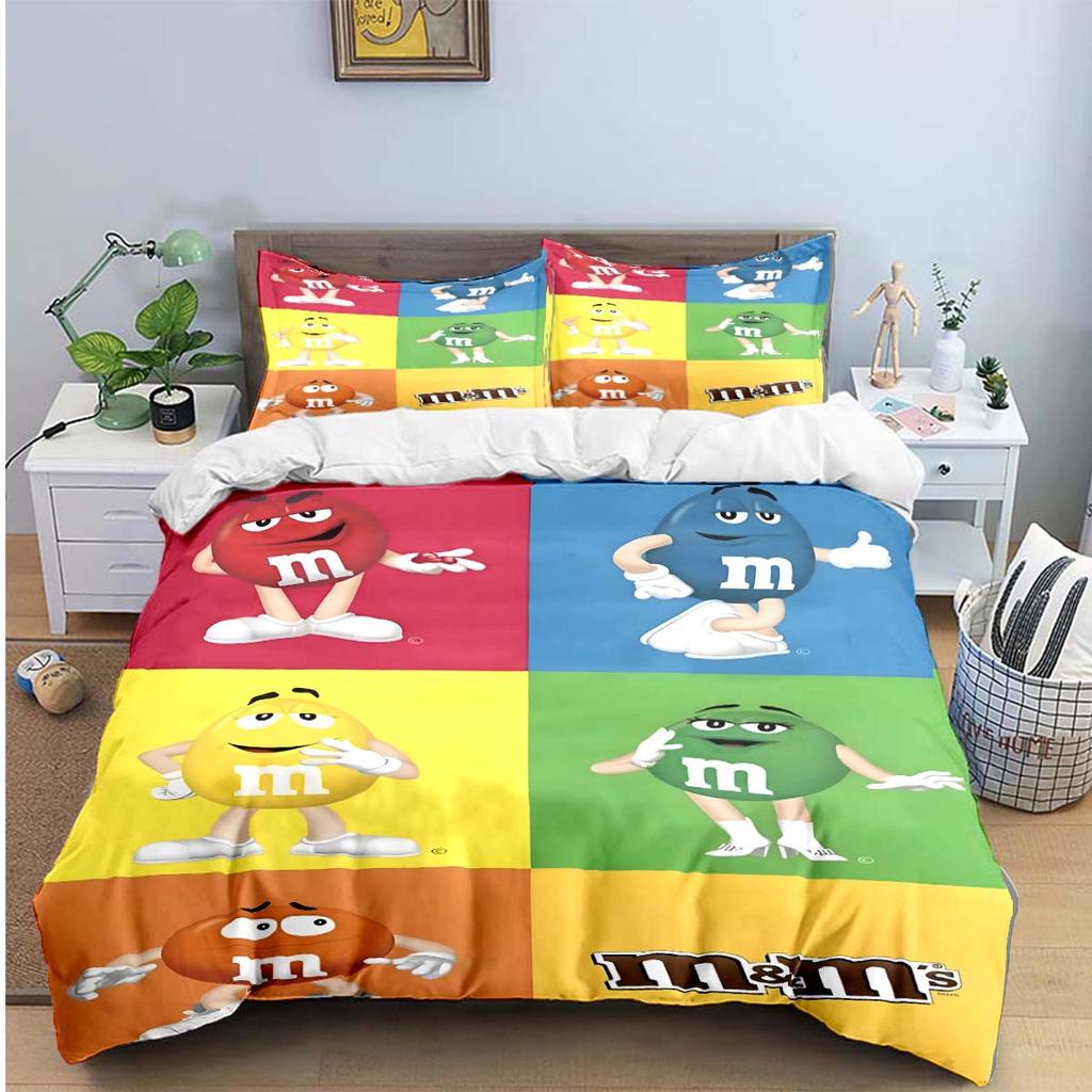 Hot Fashion M&M Chocolate Logo Print Bedding Sets Exquisite Bed Supplies Set Duvet Cover Bed Comforter Set Bedding Set Kids Gift