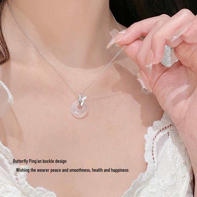 Gold-Plated Silver Butterfly Ping'an White Agate Necklace - Elegant Transparent Design