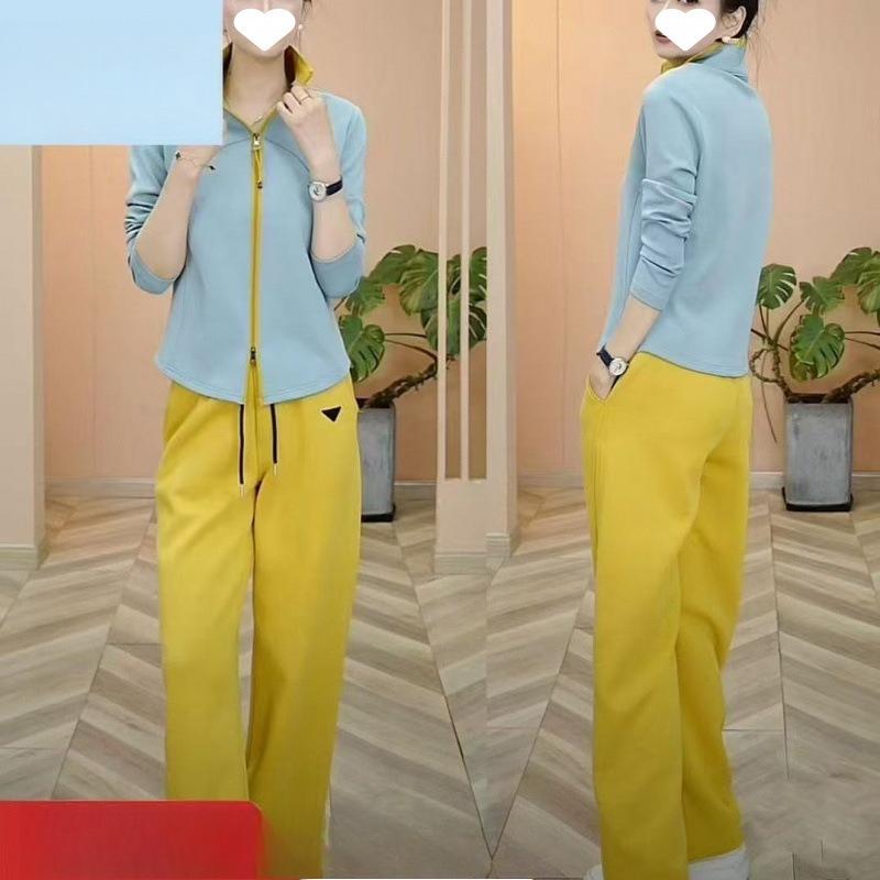 Spring Fashionable Casual Sports Suit, Western-style Stand-up Collar, Long-sleeved Top, Straight-leg Trousers Two-piece Set