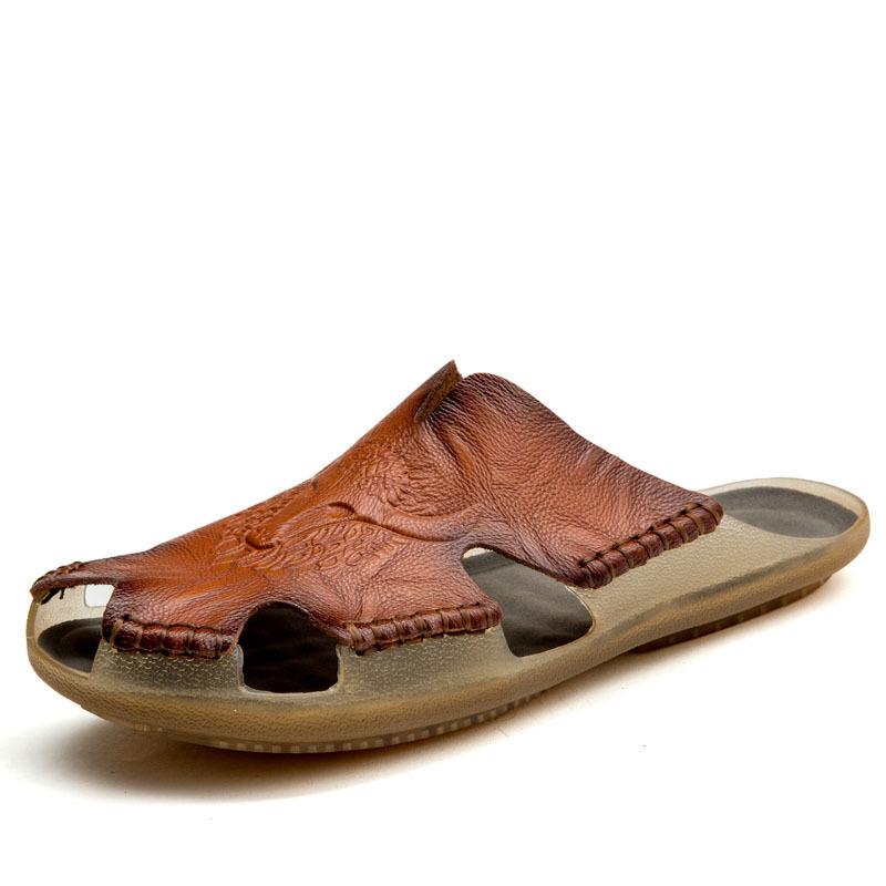 Plus Size Men's Breathable Leather Closed-Toe Sandals - Lightweight One-Strap Casual Beach Shoes