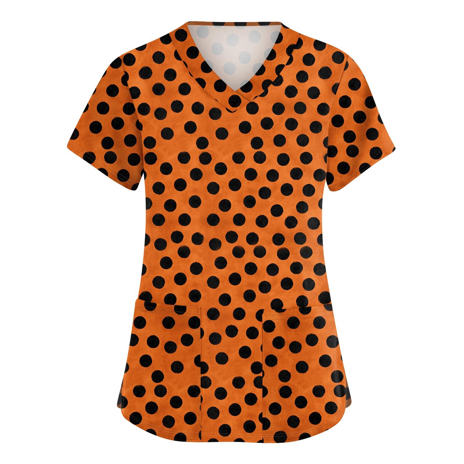 

Женская симпатичная принтованная рабочая одежда с V-образным вырезом, двухслойными карманами, базовым коротким рукавом, пуловером XXL шафрановый