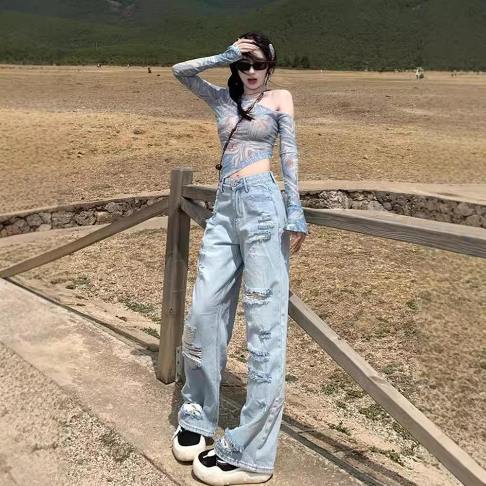Women's Off Shoulder Long Sleeve Mesh Top Slim Fit Tie Dye Printed Asymmetric Hem Y2K Fashion Crop Top