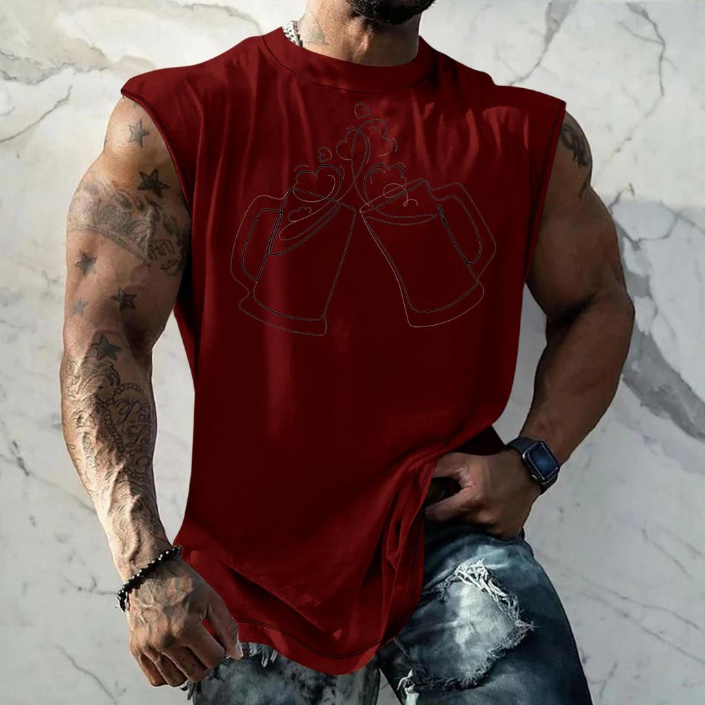 Men's Casual Loose Fit Sleeveless Tank Top with Beer Festival Style Graphic Print Streetwear Athletic Summer Muscle Shirt