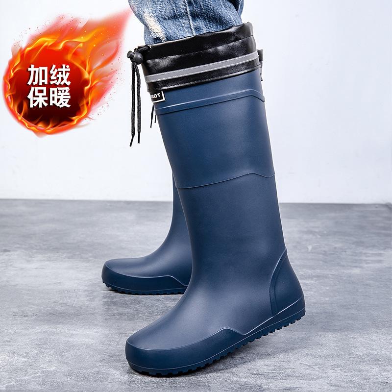 Water shoes extra high tube flat rain shoes men's closure plus fixed cotton lint long rain boots size waterproof glue shoes winter