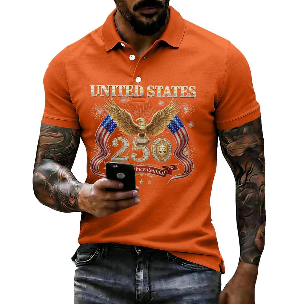 Men's Casual Polo Shirt Short Sleeve Flag Print Lightweight Breathable Comfortable Summer Top with Button Collar