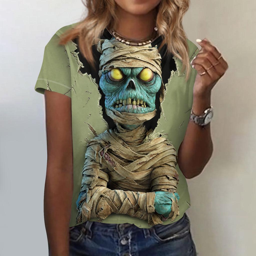 Women's Short Sleeve Crewneck T-Shirt with Halloween Print for Casual Daily Wear