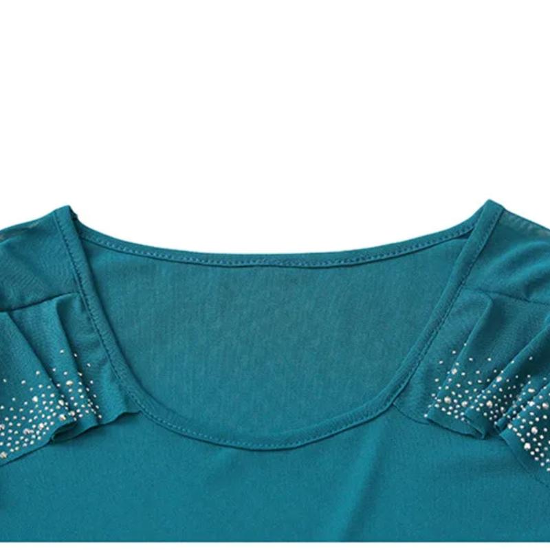 New Summer Streetwear Girl Chic Ruffled Hot Diamonds T-Shirt Clothes Fashion V-Neck Half Sleeved Mesh Tops Women's Tees Blusas