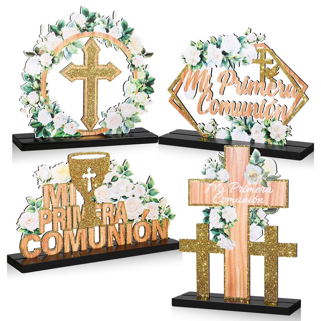 4 Pcs Mi Primera ComunióN Table Centerpieces Decoraciones Spanish Wooden First Holy Communion White Rose Gold Religious Cross Ba