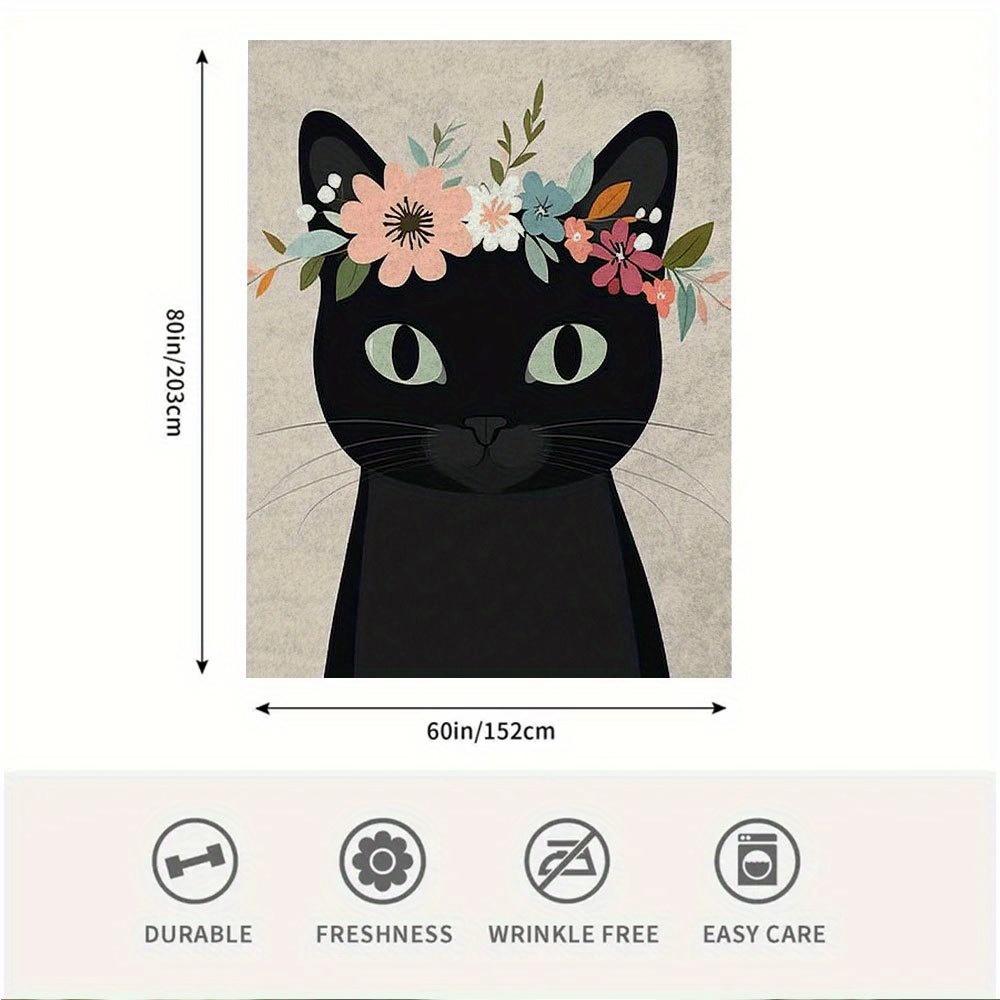 1pc Vintage Style Single-Sided Printed Blanket, 60x80 Inch, Cute Black Cat with Floral Wreath Design, Soft & Cozy All-Season