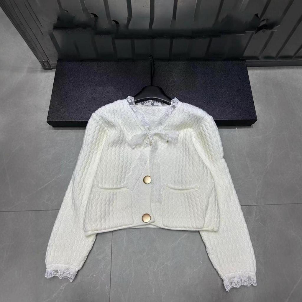 Xiangjia 2025 Winter Lace Butterfly Knit V-Neck Patchwork Cardigan