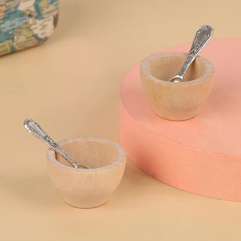 4pc/Set Dollhouse Miniature Furniture Small Wooden Bowl Spoon Model Diy Accessories For Kids