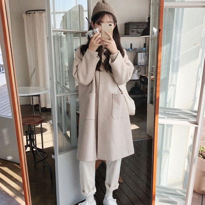 Women's Spring Fall Woolen Coats Solid Color Long Warm Jacket Office Ladies Trendy Elegant Casual Slim Windbreaker Streetwear