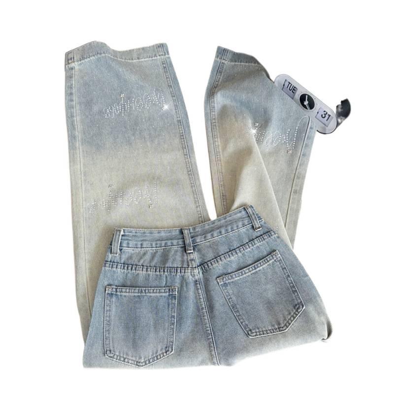 Korean Style Rhinestone Inlaid Gradient Washed High Waist Denim Pants - Women's Straight & Wide Leg Options.