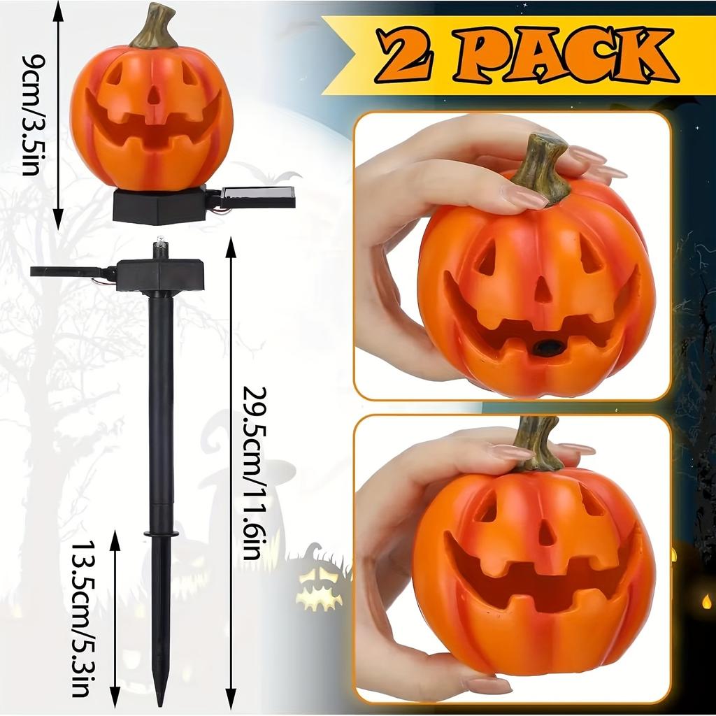 Solar Powered Pumpkin Stake Lights - Decorative Outdoor Garden, Patio, and Lawn Halloween Decorations with Energy-Efficient Lighting