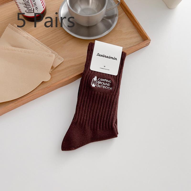 5 Pairs of Women's Fashionable Retro Embroidered Personalized Letter Cotton Mid Top Stack Socks
