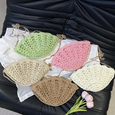 The Vintage Seashell Shape Handwoven Straw Shoulder Bag Summer Beach Handmade Chain Hollow Out Crossbody Bag
