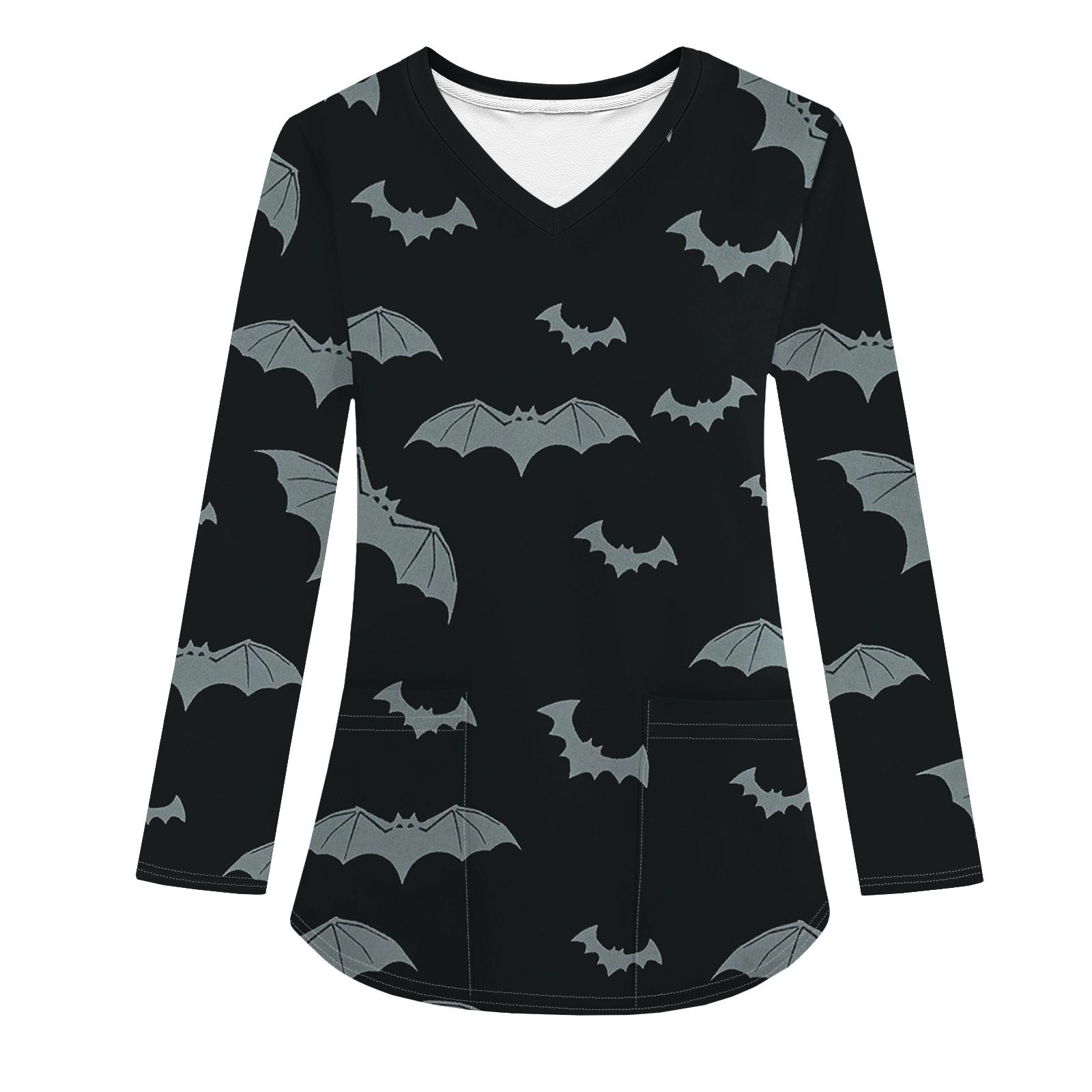 

Женская модная рабочая одежда с V-образным вырезом и длинным рукавом, с карманом, футболка с принтом на Хэллоуин XXL чёрный