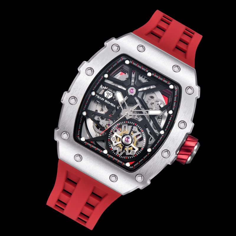 TSAR BOMBA Watch Business 50M Su Geçirmez İskelet Saat Şık Paslanmaz Çelik Tonneau Yüz Kol Saati Erkekler İçin Aydınlık Japon Hareketi Kırmızı Silikon