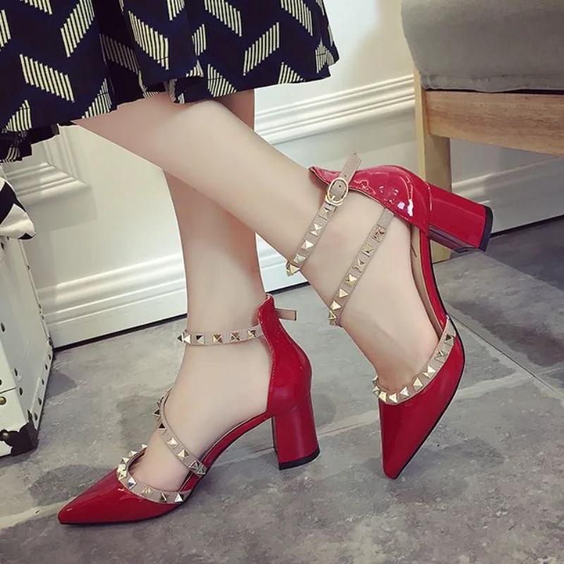 Fashion Rivet Pointed Toe White Sexy Women's Shoes Summer 2024 Buckles Sandals for Woman High Heels Party Weddings Footwear Thick Heel H