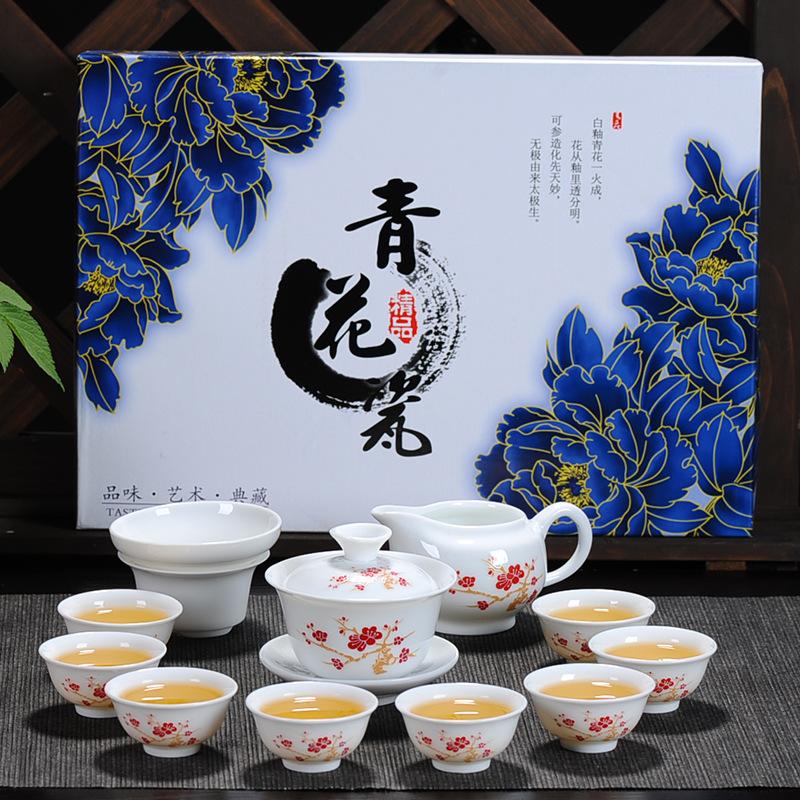 Kung Fu čajová souprava keramický čajový šálek bílý porcelán celá sada modrobílý čajový šálek víčko miska čajová souprava