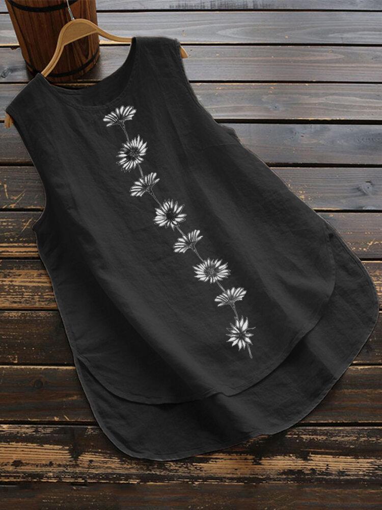 Hauts Vintage Grande Taille pour Femmes en Coton et Lin Sans Manches Imprimé Floral Haut-Bas Débardeur pour Tenue d'Été Décontractée