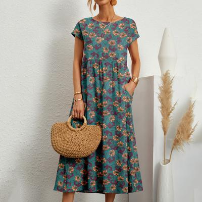 Νέα μόδα Floral χαλαρά κοντομάνικα casual φορέματα γυναικών με λαιμόκοψη O ρετρό τυπωμένο καλοκαιρινό φόρεμα γυναικών κομψό plus μέγεθος γραμμής Α κυρία φόρεμα διακοπών 26316