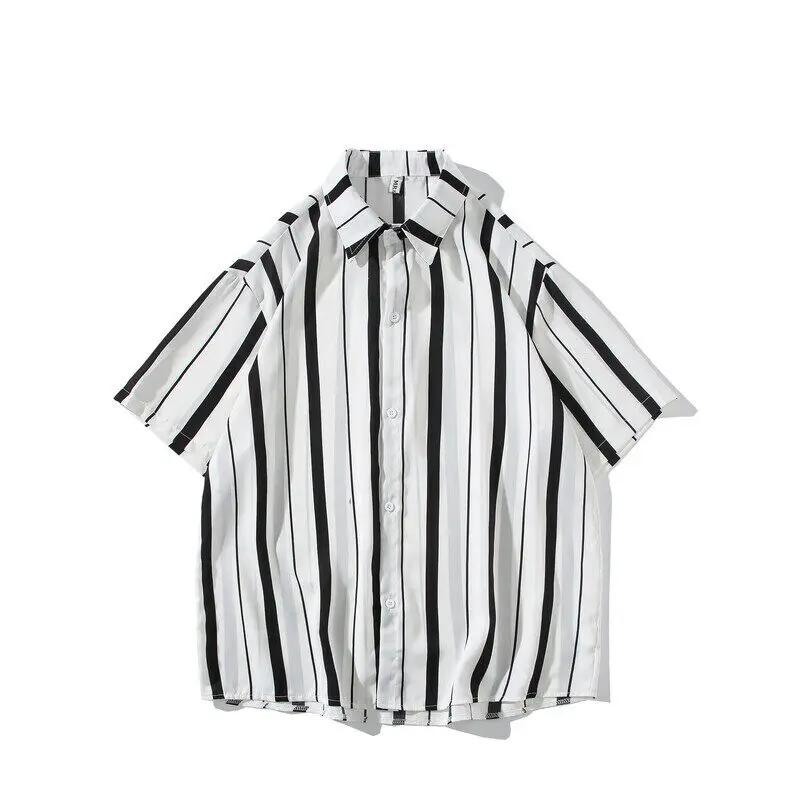 Summer Men Loose Fit Striped Shirt 2026 Men Casual Short Sleeve Iron-Free Drapey Style Korean Version Lightweight Shirts