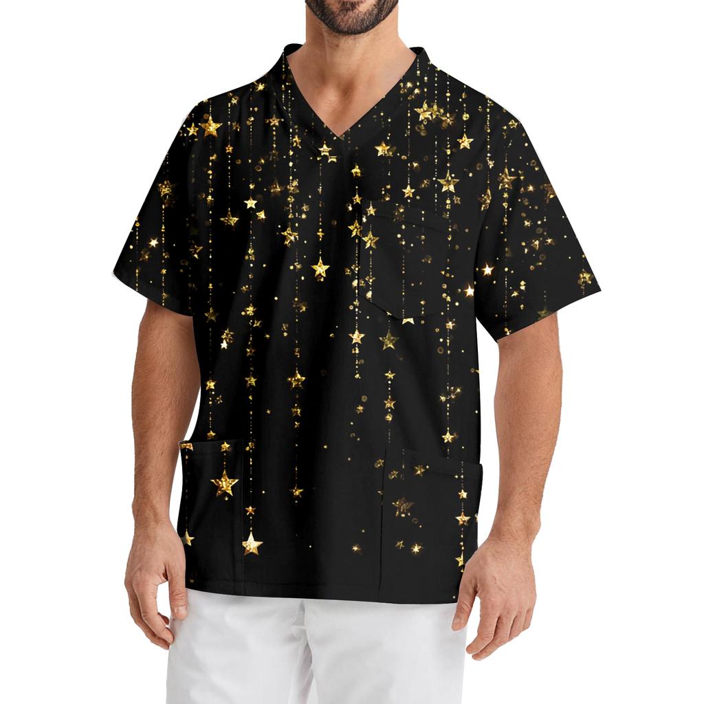 Men's Printing Short Sleeve V-neck Working Blouse Chest Pocket Carer Top