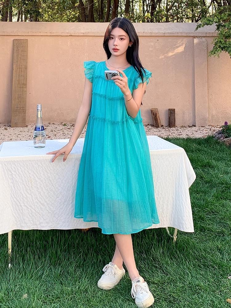 Coffee Break French Blue Small Flying Sleeve Dress Women's Summer Sense Dopamine Seaside Resort Beach Long Skirt