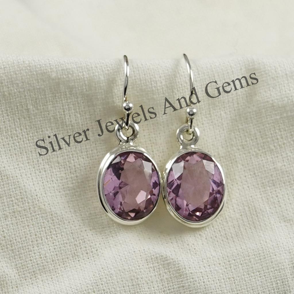 Pink Quartz Earring, 925 Sterling Silver Earrings, Oval Earring, Pink Gemstone Earrings, Birthday Earrings, Gift for Her, Handmade Earrings
