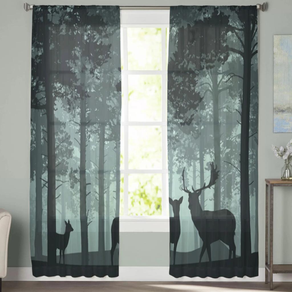 Deep Forest With Deer Tulle Window Curtain For Living Room Bedroom Voile Sheer Curtains Kitchen Treatments Drapes