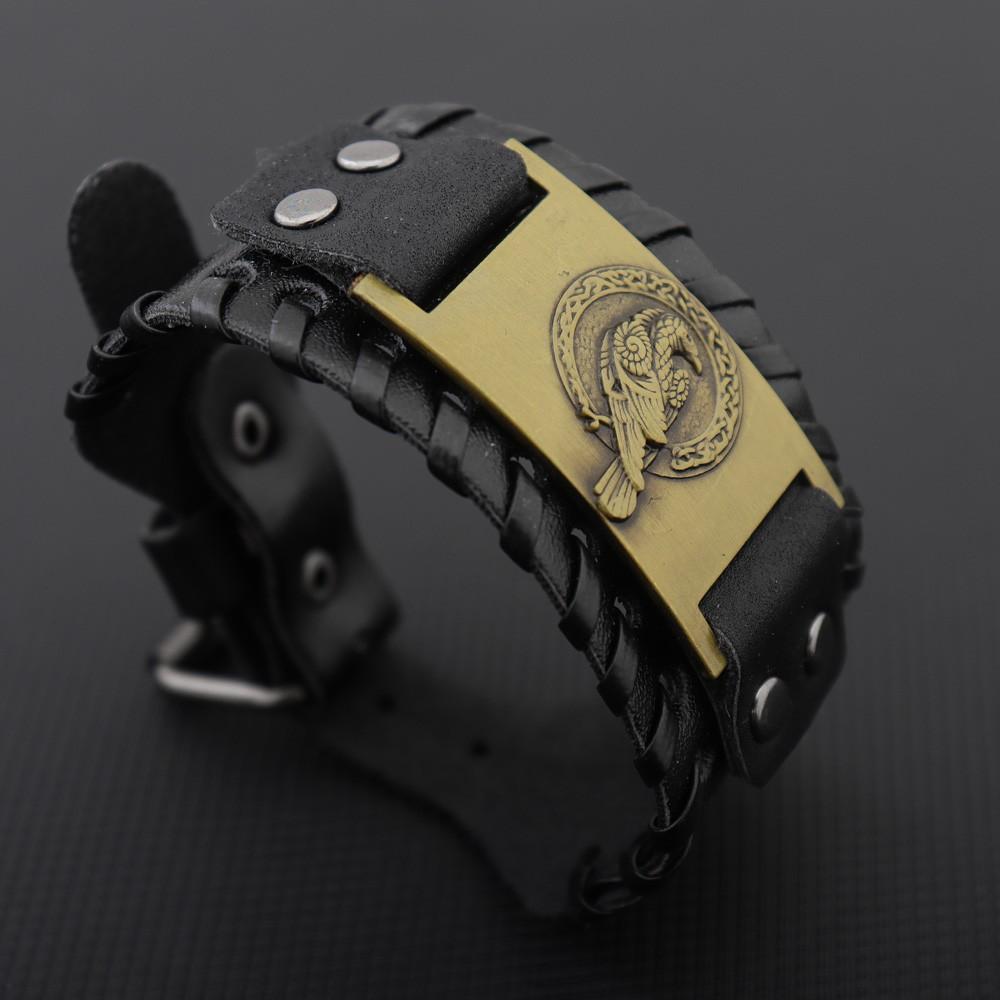 Trendy Wide Leather Woven Viking Rune Bracelet for Men Hip Hop Punk Jewelry Accessory Nordic Crow Charm Fashion