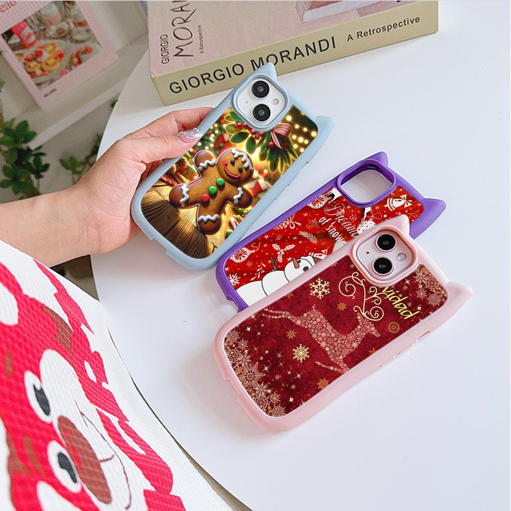 Cat Ear Soft Phone Case for iPhone 16 15 14 13 12 11 Pro Max Plus XR X TPU Anti-Drop Transparent Acrylic Back Cover NY28 Christmas tree Santa Claus